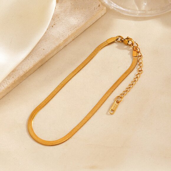 3/$35 18K Gold Plated Snake Chain Anklet Bracelet Herringbone Flat Ankle Chain - Picture 7 of 8